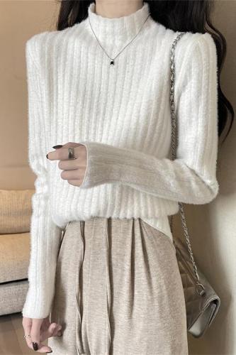 Real shot of mink velvet white knitted sweater for women in autumn and winter with velvet half turtleneck bottoming top