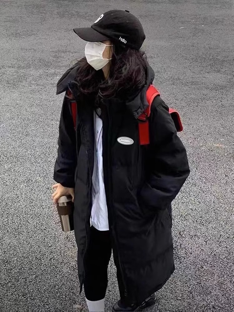 黑色棉服女中長款過膝2023冬季新款韓版棉襖寬鬆連帽加厚羽絨棉衣