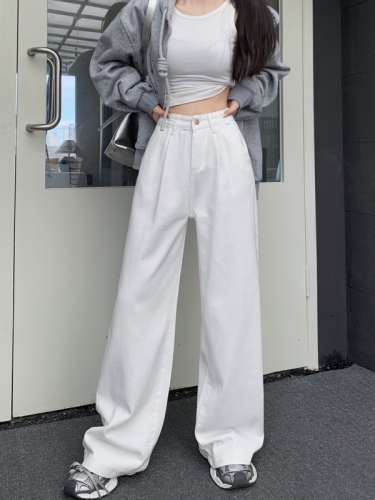 Actual shot #New high-waisted loose denim trousers for women with wide-legged and drapey floor-length trousers