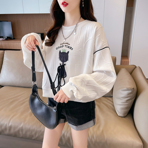 Real shot  imitation cotton jacquard back cover collar embroidered round neck sweatshirt for women spring and autumn new style