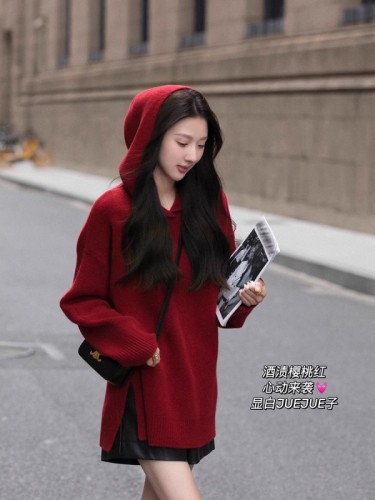 Little Red Riding Hood Lazy Red Hooded Sweater Women's Winter Loose Knitwear