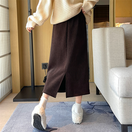 Actual shot of corduroy plus velvet thickened new versatile back slit casual skirt for women