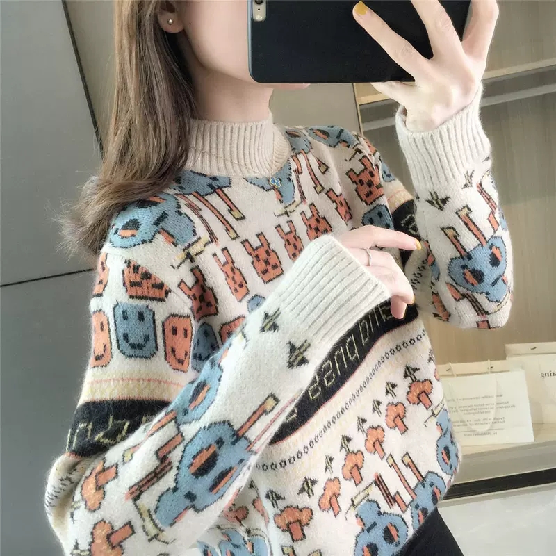 2023 New Turtleneck Sweater Women's Winter Thickened Bottoming Shirt Cartoon Student Fashionable Autumn and Winter Lazy Loose Outerwear