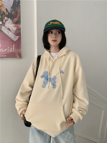 Actual shot of autumn and winter Korean style chic sweet and versatile hooded puppy print Korean loose plus velvet long-sleeved sweatshirt for women