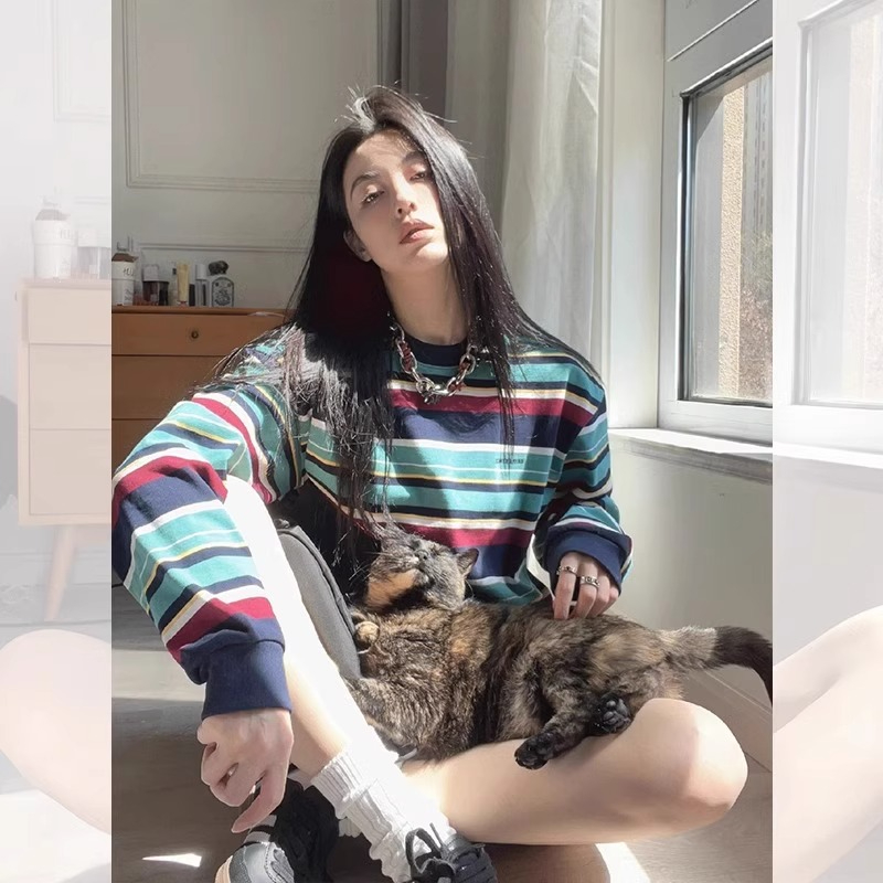 260g milk silk vintage American sweatshirt for women autumn and winter street round neck striped long sleeve casual couple