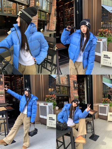 Real shot blue hooded short cotton coat Korean style warm cotton jacket + pants + bottoming