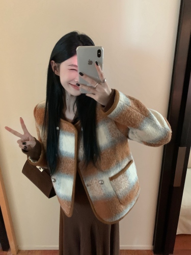 Actual shot Korean style slimming slim style thickened and warm lined down plaid woolen cotton jacket