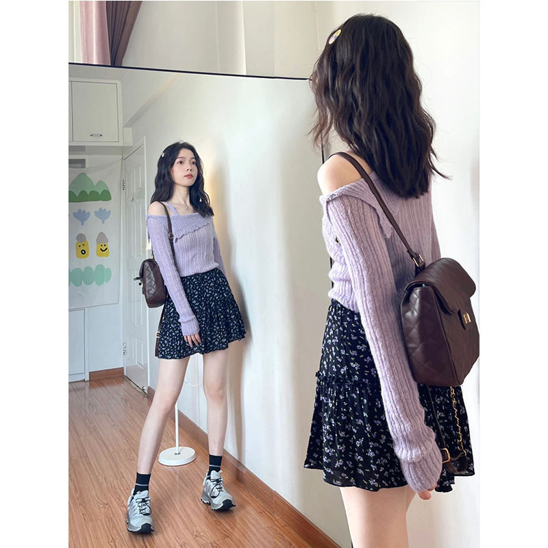 2023 super nice purple one shoulder sweater pure lust style design suspender knitted sweater top for women autumn