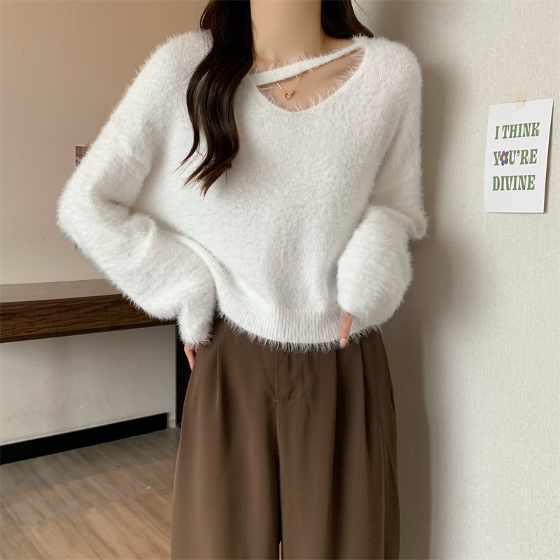 Actual shot Korean style versatile V-neck imitation mink sweater short loose soft waxy knitted top for women