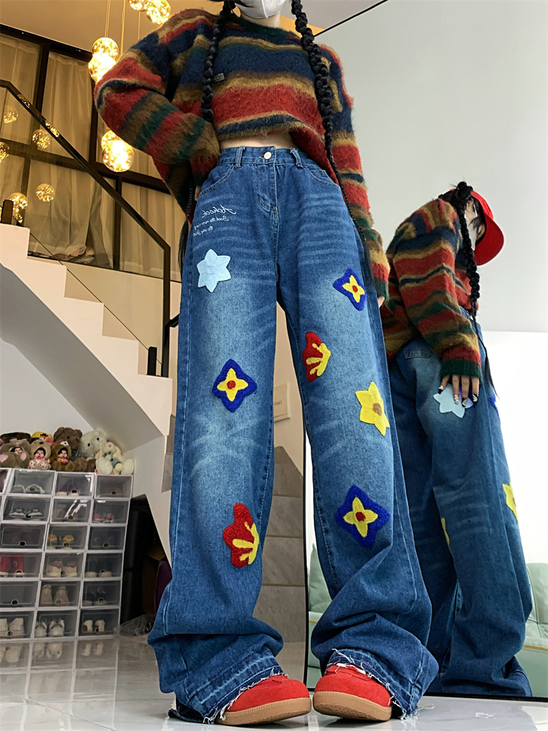Real shot!  !  Women's loose high-street wide-leg jeans, washed to cover the flesh, new pear-shaped, versatile, high-end slim fit