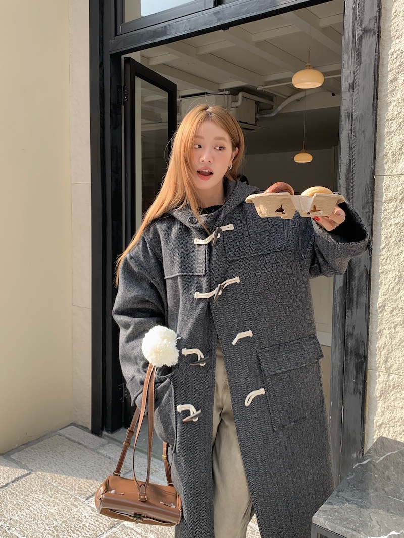 Actual shot Korean style loose casual mid-length long-sleeved hooded thickened quilted warm woolen coat