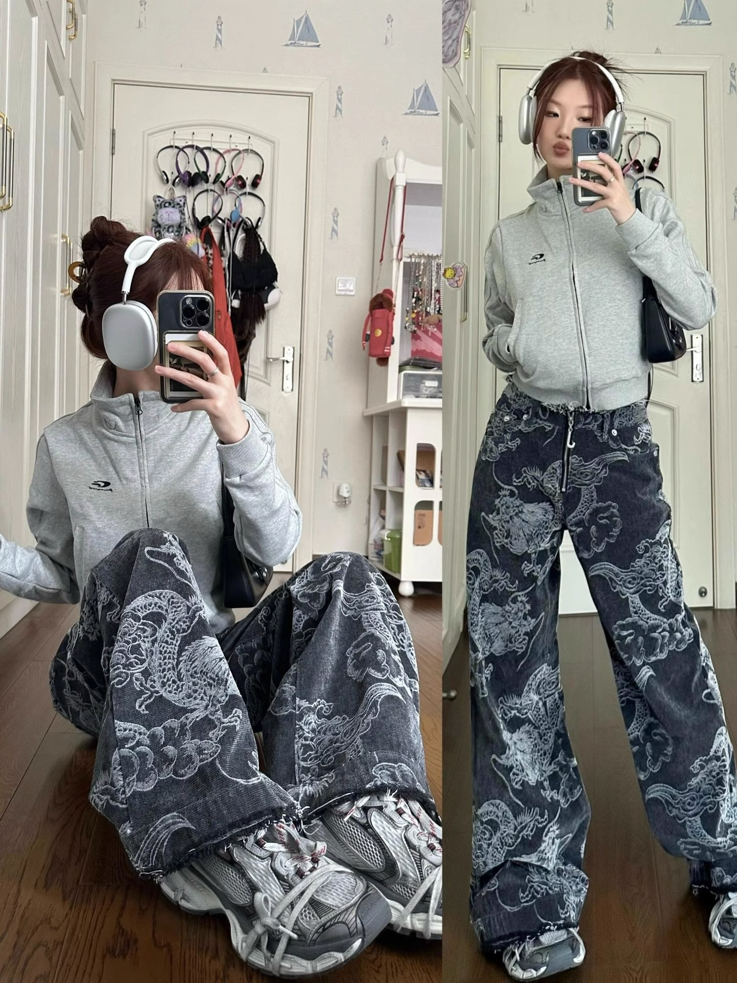 新款設計龍紋印花hiphop嘻哈牛仔褲女高街辣妹寬鬆顯瘦塗鴉牛仔褲