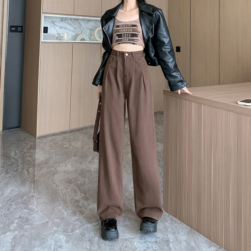 Actual shot ~ pleated retro brown denim wide leg pants women's high waist slim straight pants autumn long pants