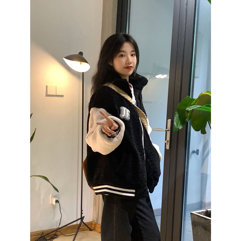 秋冬黑色羊羔毛棉服外套美式復古拼接撞色棒球服寬鬆百搭加厚夾克