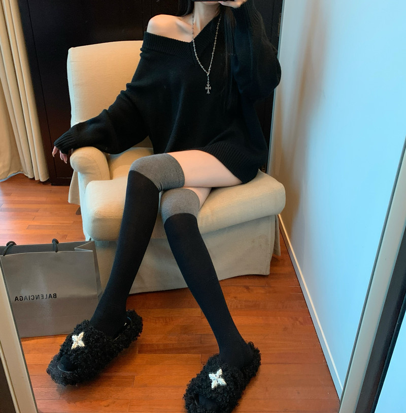 實拍黑灰色長筒襪女秋冬保暖顯瘦高筒過膝襪子網紅拼接襪