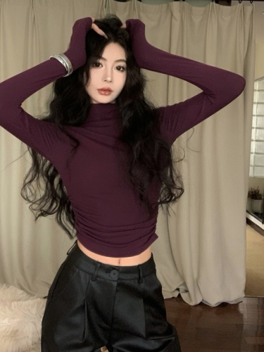 Real shot of autumn and winter versatile figure-showing pleated purple long-sleeved T-shirt for women thickened brushed half turtleneck bottoming shirt