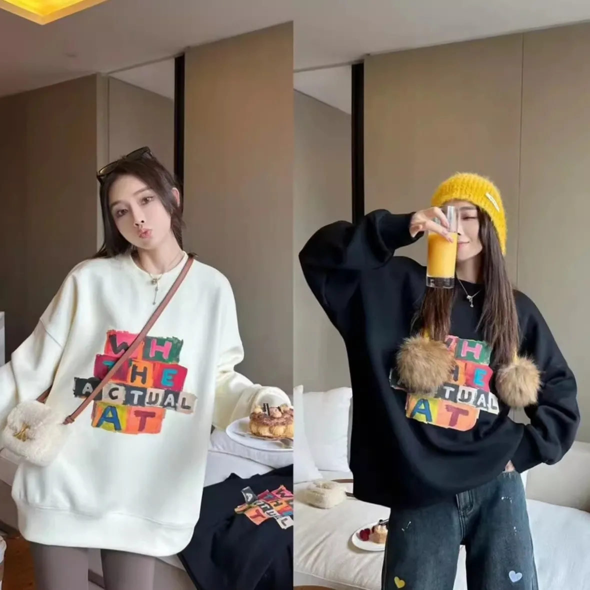 The same style of Chinese cotton + true super color letter printing loose casual versatile round neck sweatshirt plus velvet