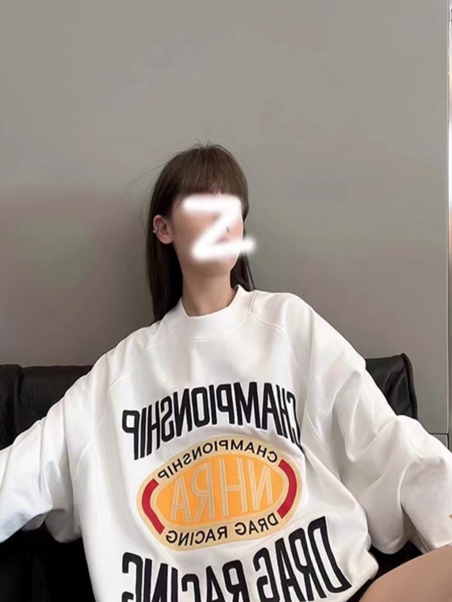 American retro letter printed long-sleeved sweatshirt for women in autumn and winter, lazy style, velvet round neck, loose and versatile top, trendy