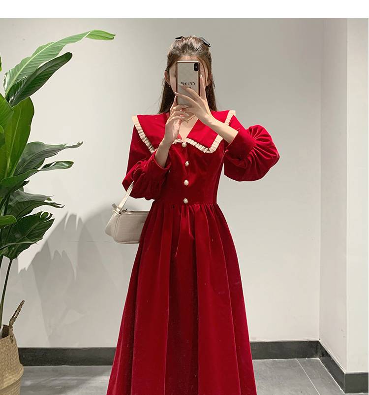 赫本風紅色絲絨連衣裙秋冬法式氣質內搭新年會禮服中長款小黑裙子