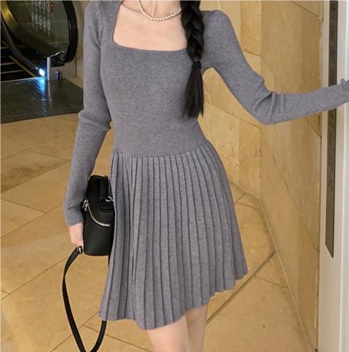 LELART French temperament minimalist style square neck knitted dress autumn new slim waist slimming inner skirt