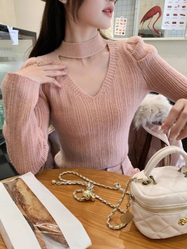 GUOGUOWOMEN Guoguojia V-neck halter neck long-sleeved sweater for women  autumn and winter puff sleeve knitted bottoming shirt