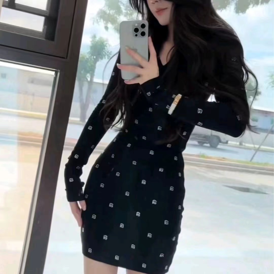 0112#small a letter brushed rhinestone slim fit dress