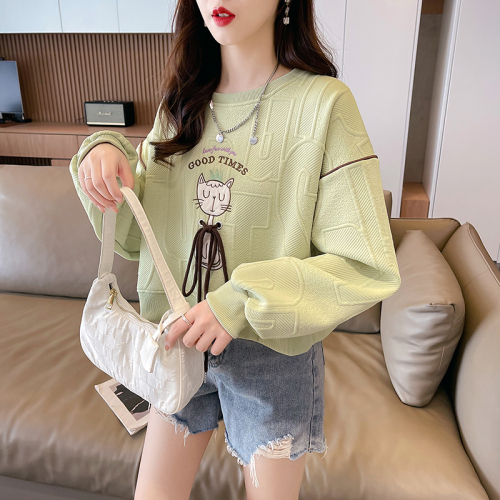 Real shot  imitation cotton jacquard back cover collar embroidered round neck sweatshirt for women spring and autumn new style