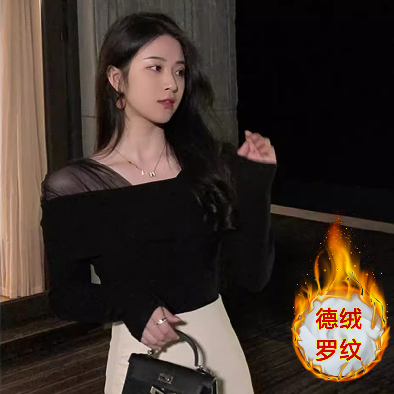 官圖 長袖T恤內搭秋冬女網紗設計感小眾上衣辣妹穿搭打底衫