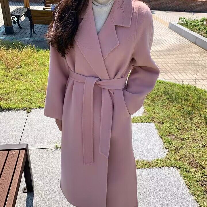 chic double-sided woolen woolen coat with gentle temperament, waisted mid-length, loose and slim, knee-length woolen coat