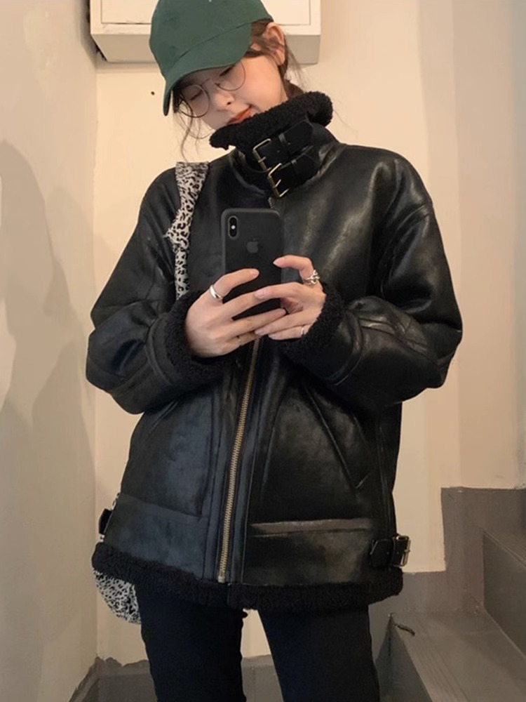 Fur integrated lamb wool jacket for women 2023 new winter suede motorcycle jacket lamb velvet cotton jacket
