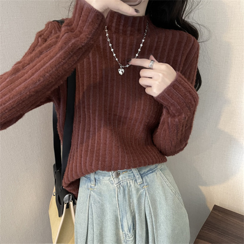 Real shot of mink velvet white knitted sweater for women in autumn and winter with velvet half turtleneck bottoming top