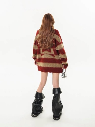 American retro star-striped mohair sweater for women, autumn trendy brand loose couple casual versatile knitted top