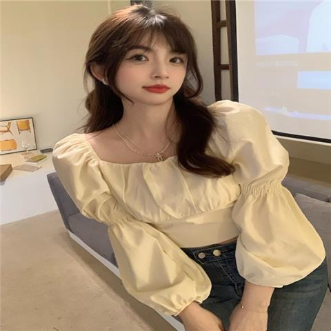 Washed wrinkled jacquard#Puff sleeve square neck hot girl shirt women's French niche design bow long-sleeved top