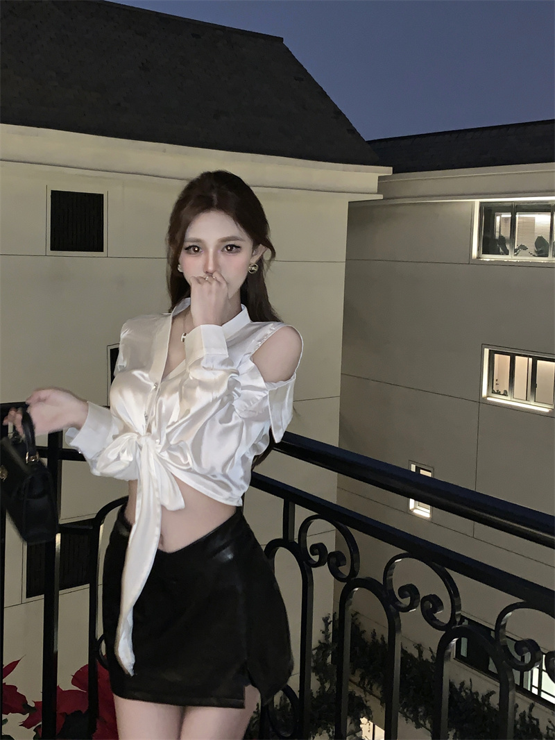 實拍 綢緞露肩性感V領系帶襯衫女純色百搭上衣女