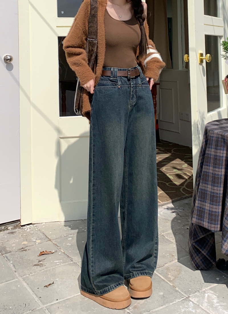 Actual shot #New loose high-waisted denim trousers for women washed spliced ​​wide-leg floor-length trousers