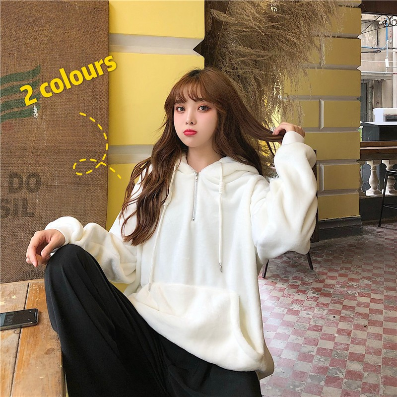Loose and lazy style, fresh and cute, age-reducing lamb wool hooded pullover long-sleeved sweatshirt for women