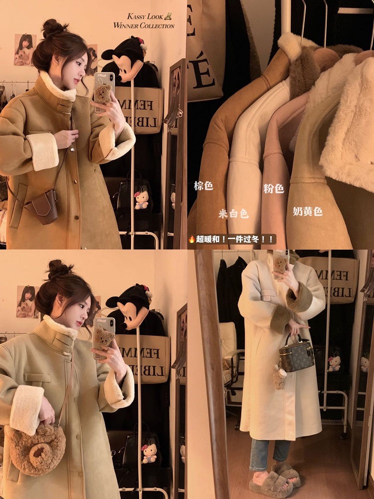 實拍 冬季新款韓版時尚加絨加厚長款皮毛一體外套保暖大衣