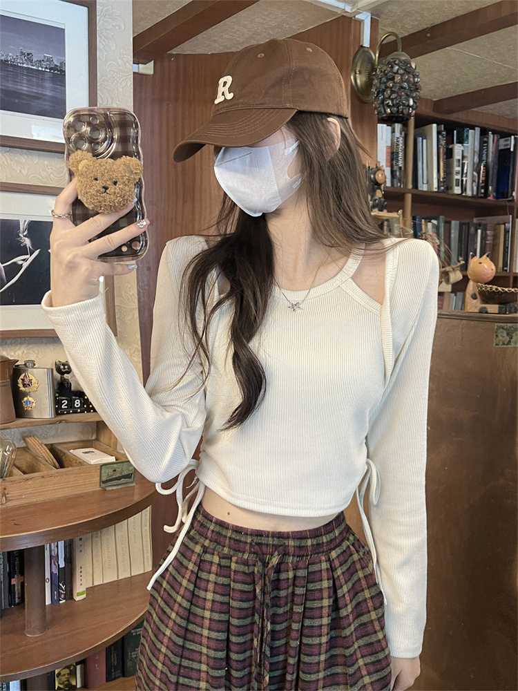 實拍韓版設計感chic露肩掛脖假兩件長袖T恤女抽繩短上衣
