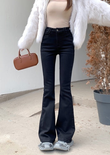 Actual shot~Autumn and winter thickened velvet slimming high-waisted black slimming denim bell-bottom pants