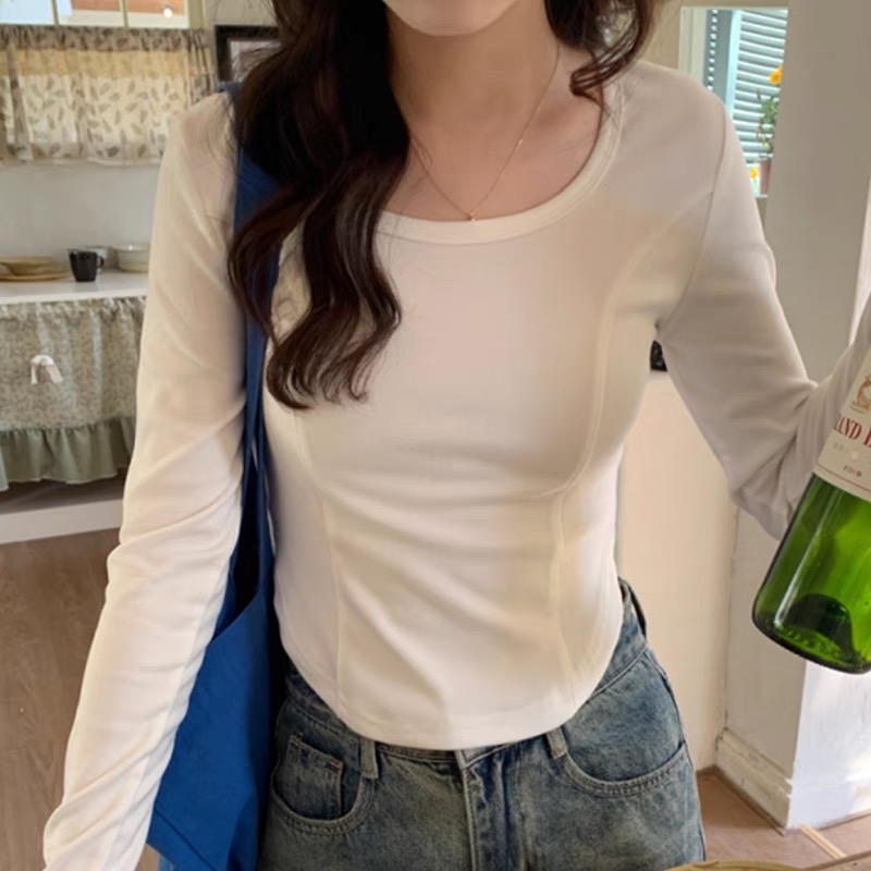 方領內搭德絨打底衫女春秋冬甜辣風長袖t恤正肩白色修身魚骨上衣