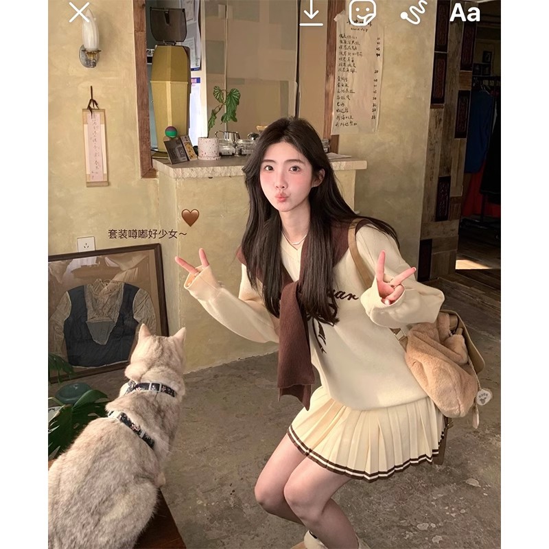 白水女少女耶耶～蝴蝶結針織學院百褶裙套裝女秋冬搭配一整套