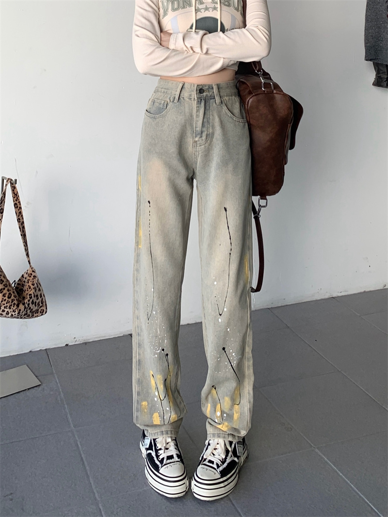 Real shot!  !  !  Splashed ink jeans, handmade graffiti straight slim, loose high street casual retro trousers