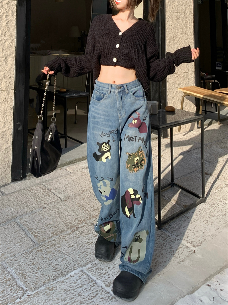 Real shot!  !  !  Graffiti Print High Street Jeans Women's Design Niche High Waist Loose Wide Leg Pants