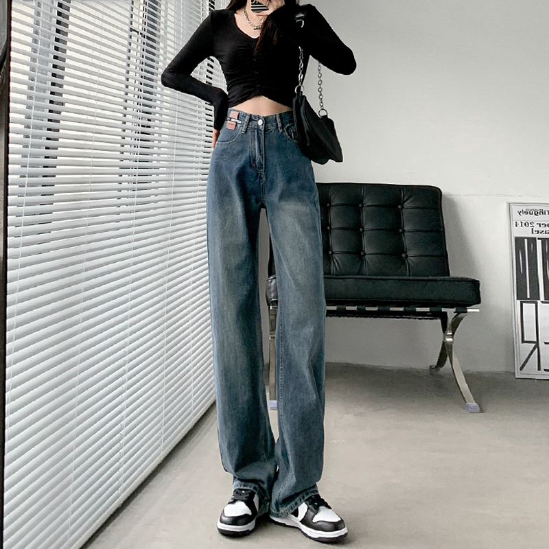 復古個性闊腿牛仔褲女2023新款秋冬季高腰寬鬆顯瘦直筒拖地牛仔褲