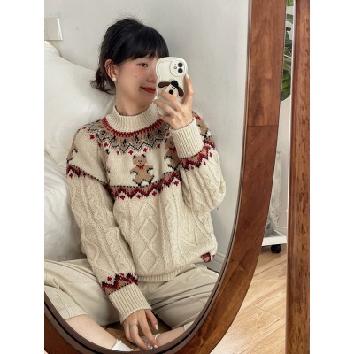 Vintage Christmas Sweater Women's Bear Cookie Jacquard Thick Autumn and Winter Korean Niche High-Quality Pure Wool Knitted Top