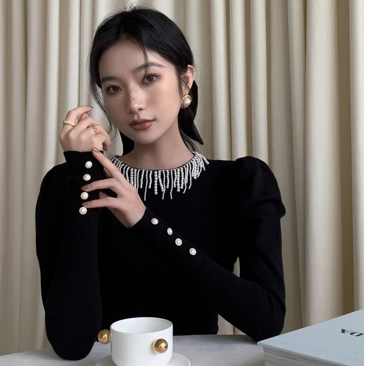 秋冬季新款設計感珍珠流蘇毛衣女修身內搭打底針織衫法式氣質上衣