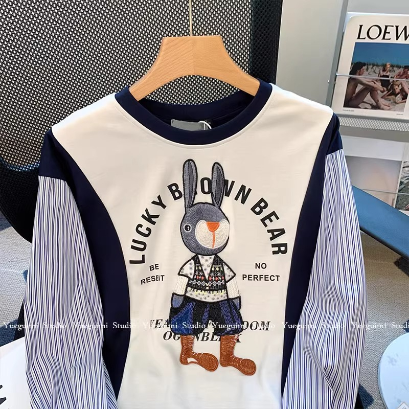 Striped stitching fake two piece round neck sweatshirt for women spring and autumn design niche American retro top