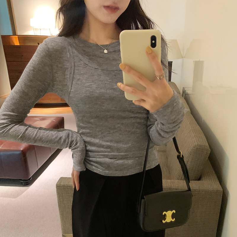 實拍圖背心兩件套秋冬2023新款長袖T恤女短款設計感小眾內搭上衣