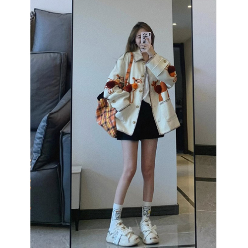 Official photo Autumn and winter thick linen embroidered heavy industry jacket short coat women's woolen weaving small fragrant top trendy