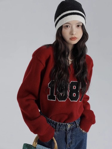 Fan Zhiqiao Korean college style V-neck sweater for women winter retro casual versatile little person lazy style loose top